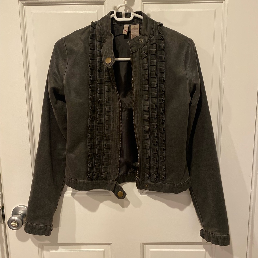 Gray Suede Moto Jacket with Ruffles
